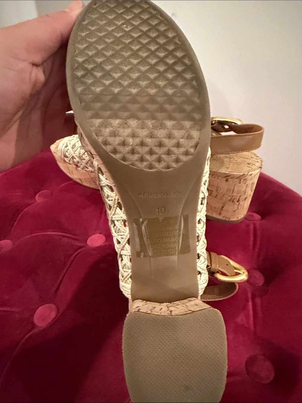 Aerosoles 10 Woven Slingback Cork Wedge Sandals - Beige